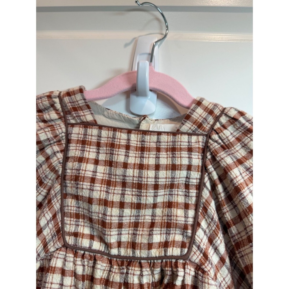 Zara Kids Girls Brown Plaid Textured Babydoll Dress Square Neck 4 Years 104cm - Picture 5 of 6